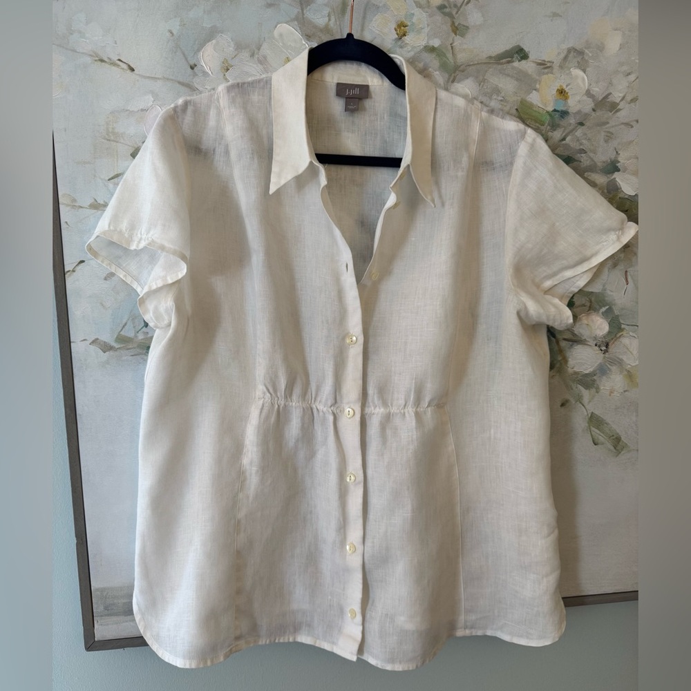 J.Jill 100% Linen Collared Button Down Cinched Short Sleeve White Top Size Large